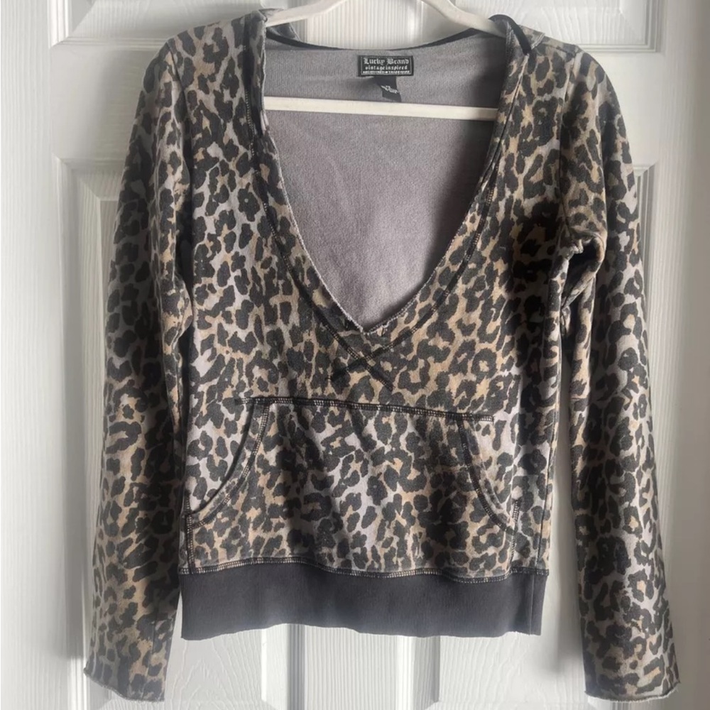 XS Lucky Brand Long Sleeve Sweatshirt Leopard Print Hoodie Cotton Neutral Soft